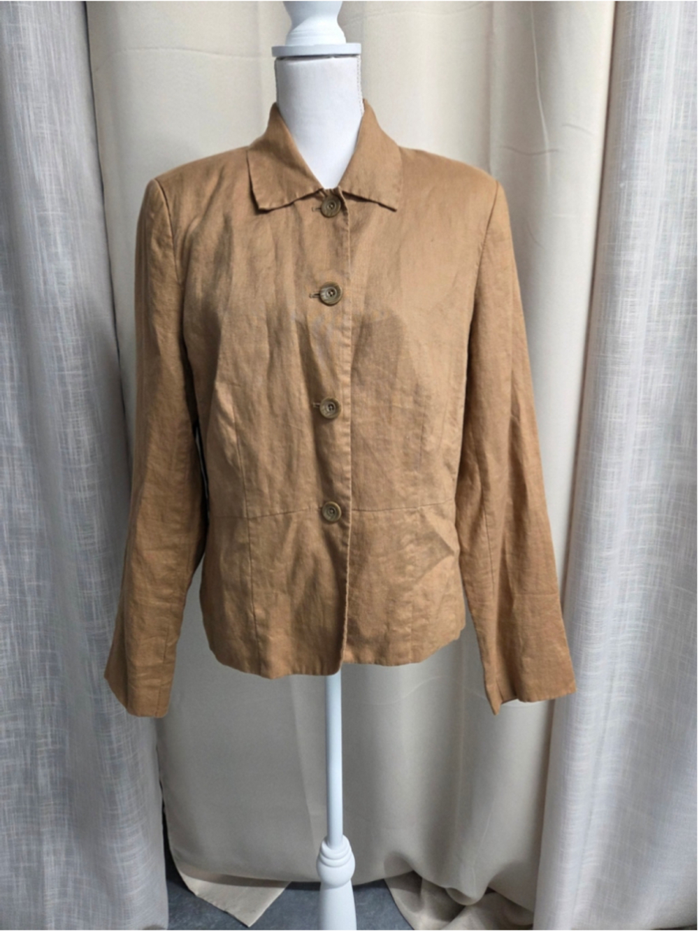 Kim Rogers Women's Linen Tan Blazer Cottagecore Warm Academic Sartorial Size 14